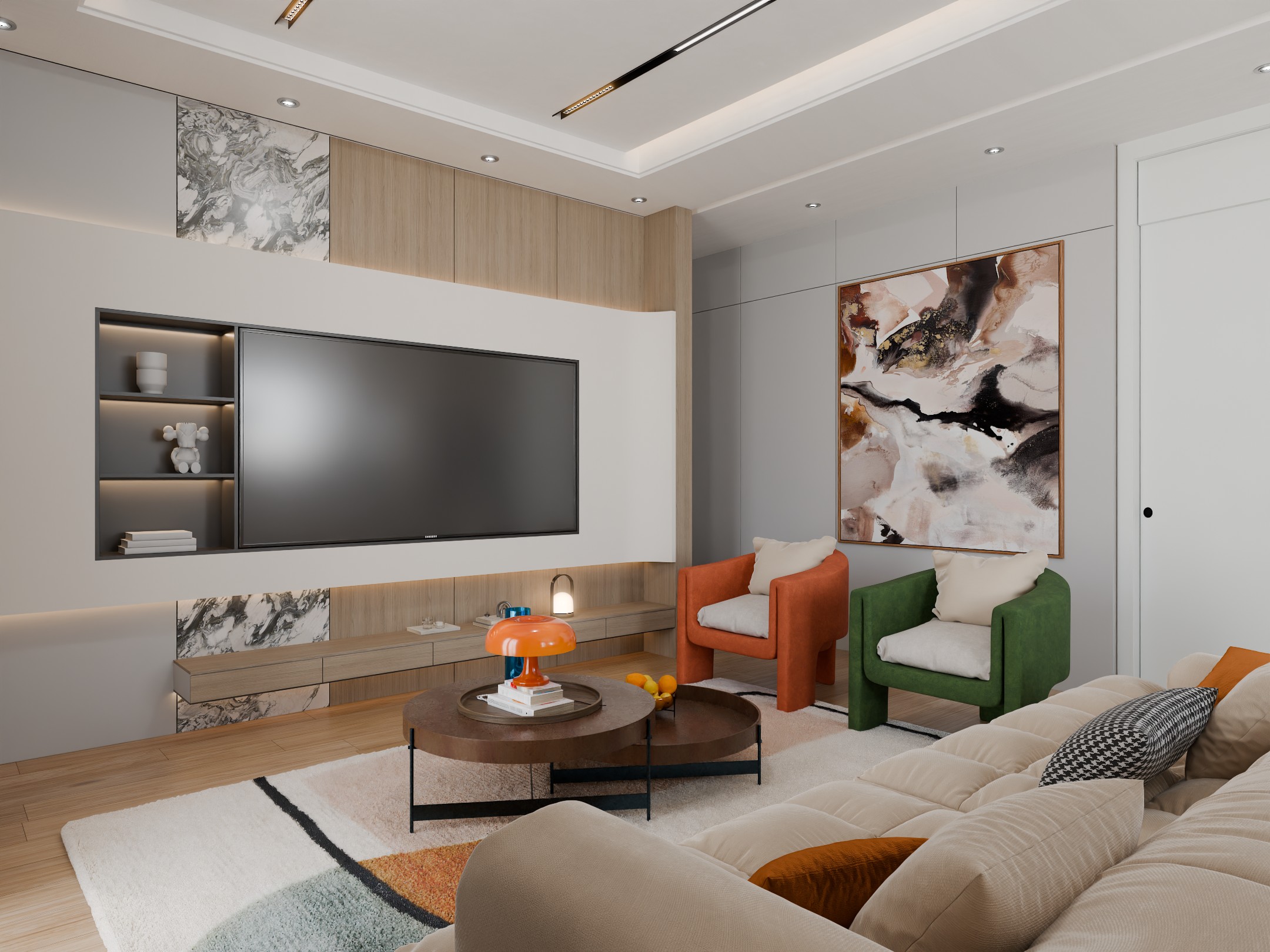 Modern Living room design with Brown, orange and green accents